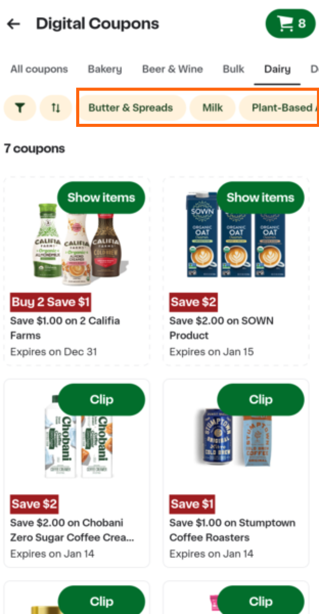 Shows a digital coupons page with the Dairy category selected and an orange box highlighting the filters for Butter & Spreads, Milk, and Plant‑Based.